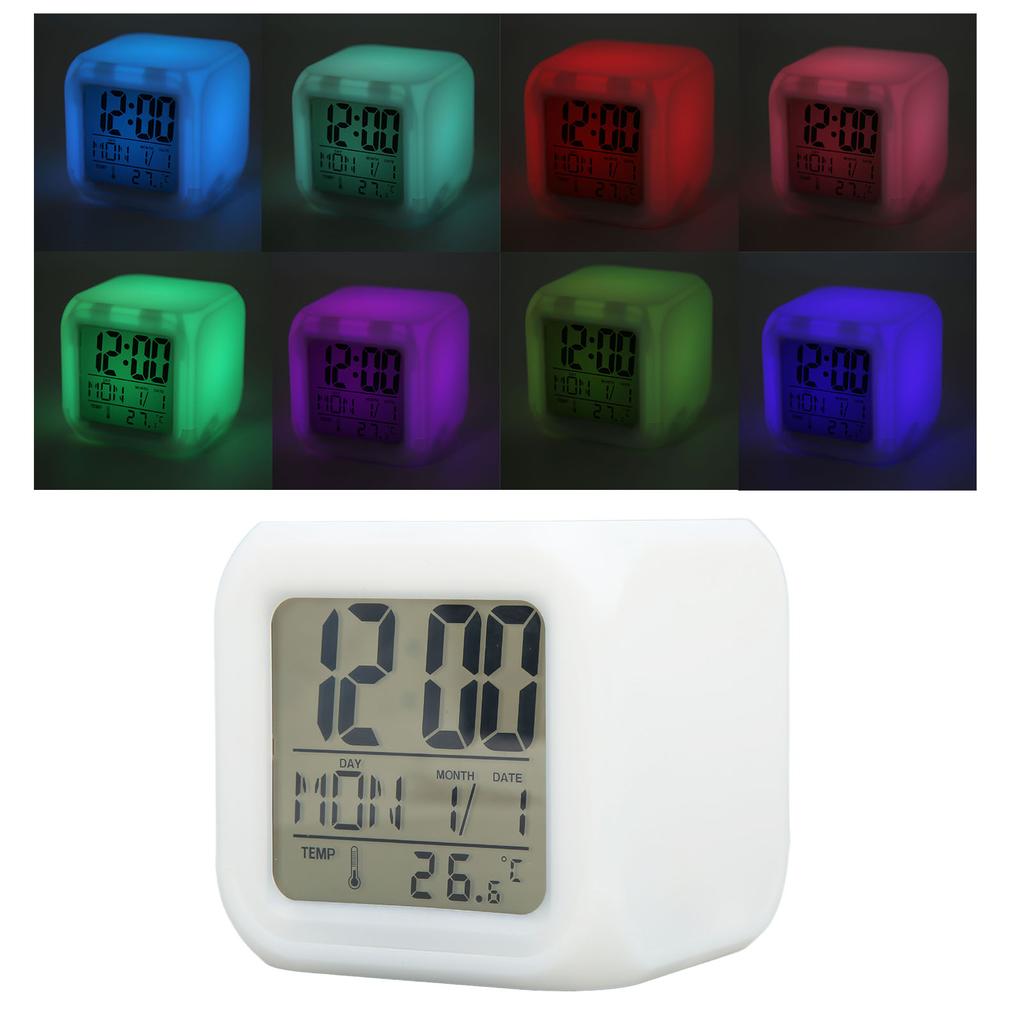 Kids Digital Clock LED 7 Colors Night Glowing Temperature Display Portable Easy LED Clock