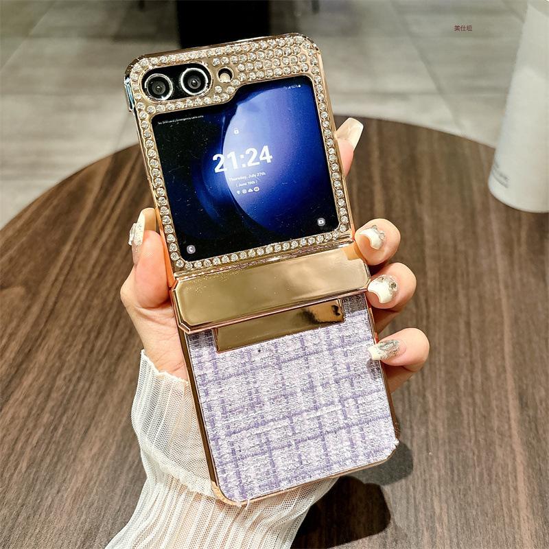 Подходит для чехла для мобильного телефона Samsung Zflip6, складной, инкрустированный бриллиантами, W25flip, центральный шарнир, стиль «маленький аромат», Flip5, модный женский