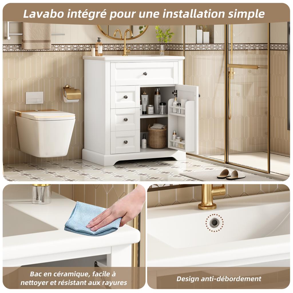 76X46x87cm freestanding bathroom washstand, moisture-resistant coating, adjustable storage space in cabinet and integrated ceramic washbasin, white.
