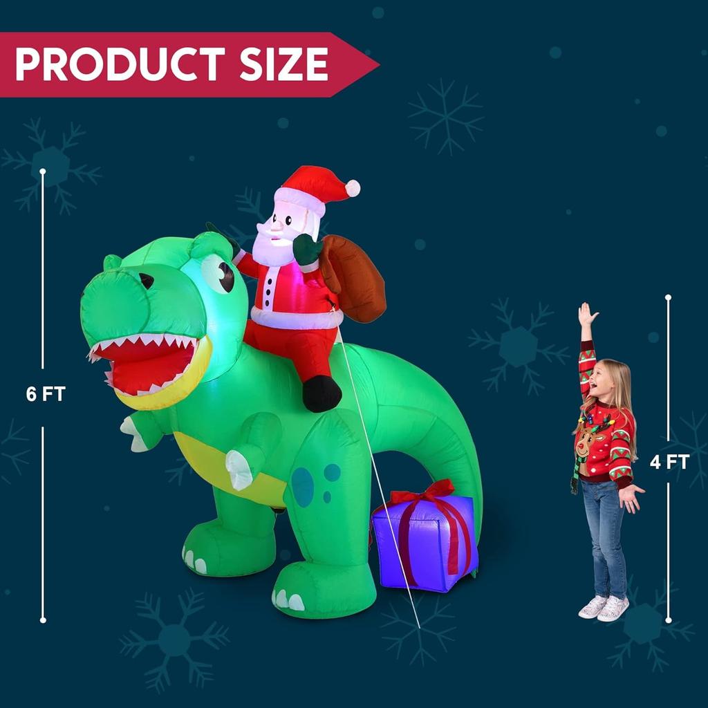 Joyfy 6 футов Рождественские надувные фигуры Санта Динозавр Наружные украшения Рождественские надувные фигуры для двора со встроенными светодиодами для праздничной вечеринки