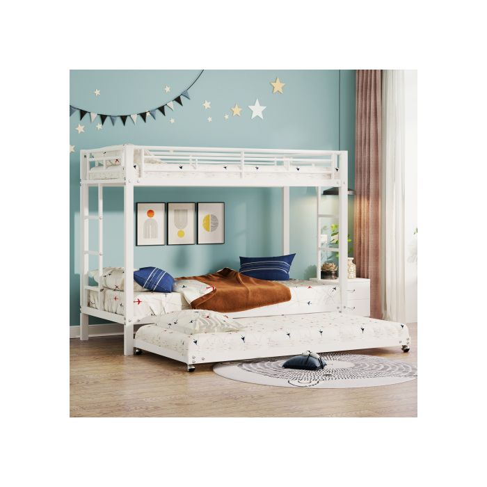 Lit superposé 90*200 cm, barrières hautes, certifié EN747, construction robuste, couleur blanche