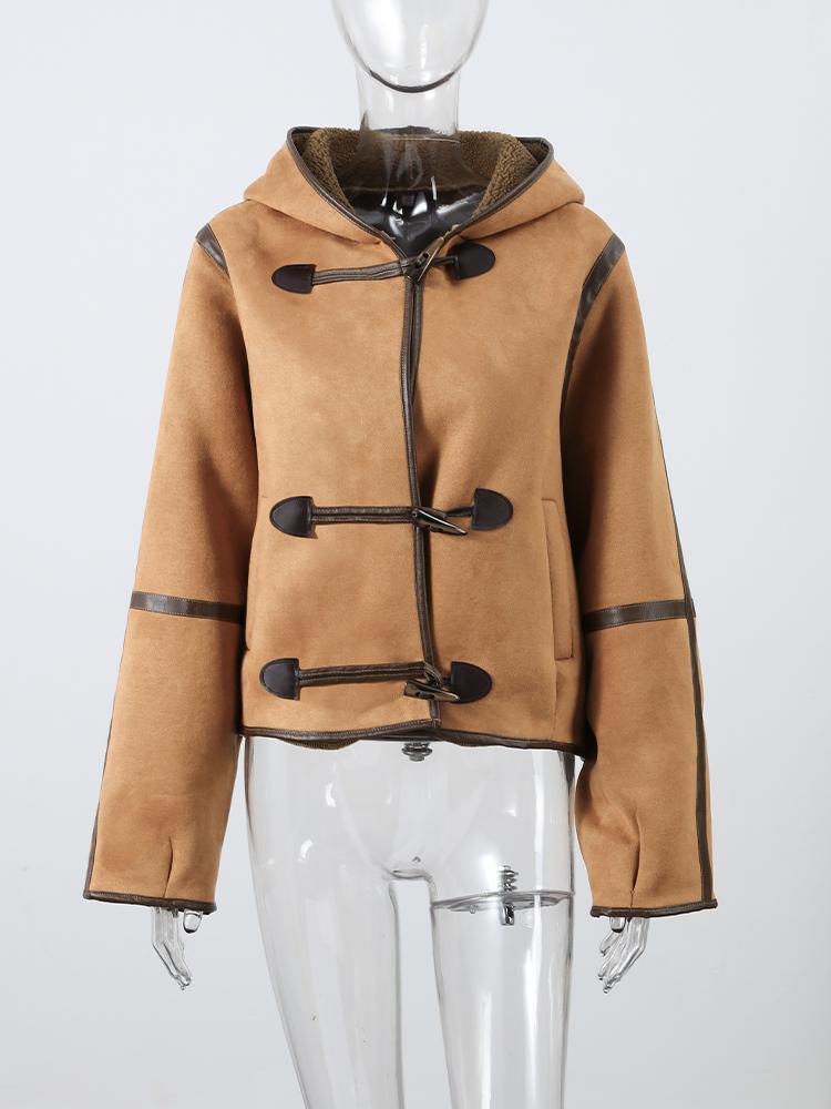 Женская двусторонняя зимняя куртка с капюшоном, на пуговицах из коровьего рога, хлопковая куртка, замшевая, из овечьей шерсти, теплая куртка, модный стиль, осень и зима