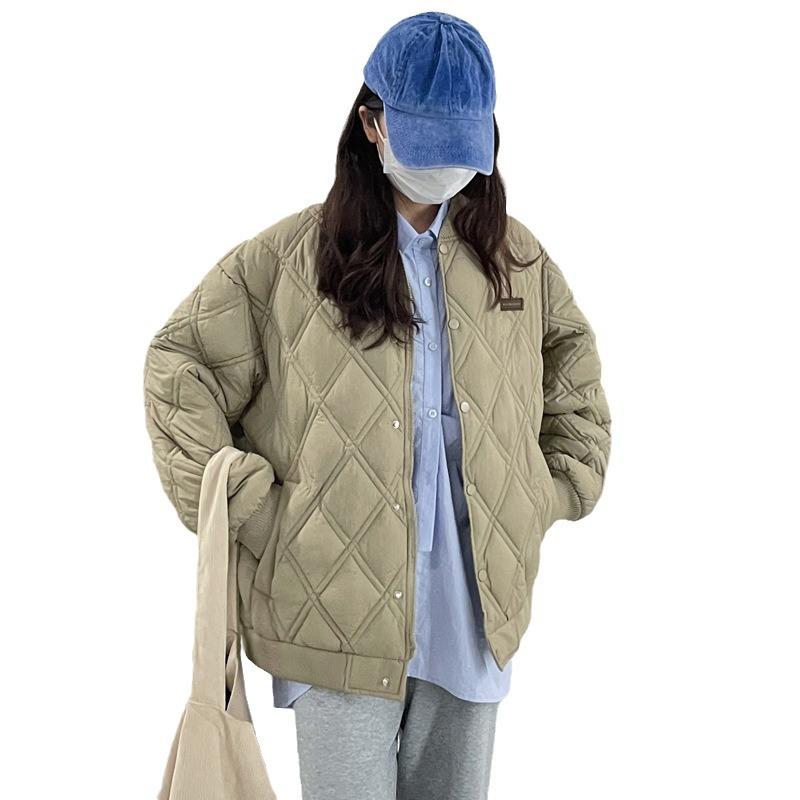 Зима 2025 новые продукты: короткая свободная повседневная куртка из тонкого хлопка в ромбовидную клетку со стойкой, стеганая куртка для девушки