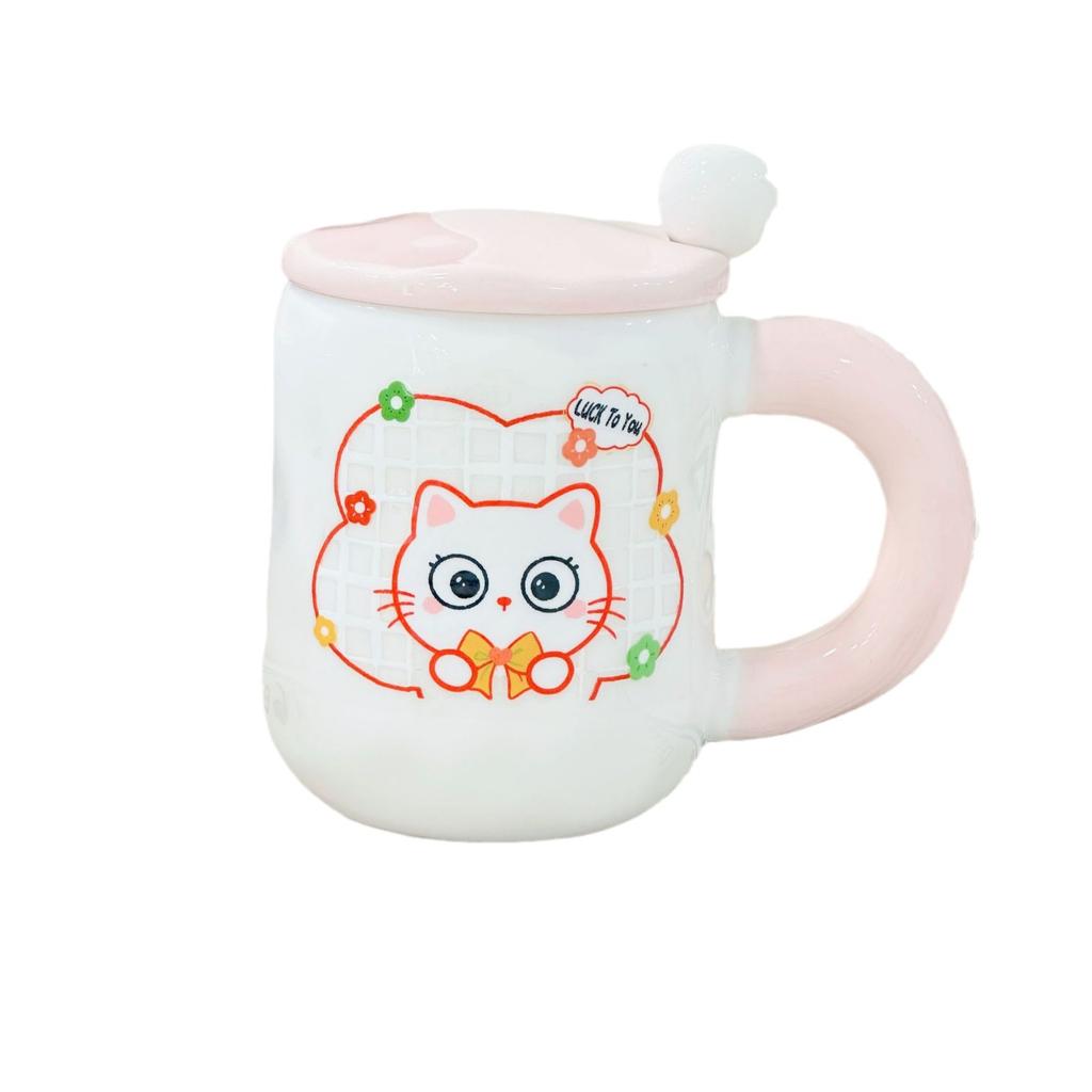 Cat Cup Household Set High Temperature Resistant Water Cup with Lid Spoon Cartoon Mug High Appearance Large Capacity Ceramic Cup
