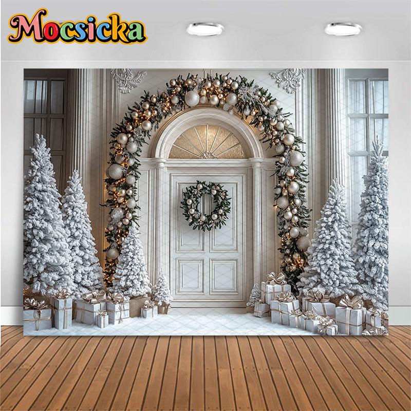 Mocsicka Рождественский Фон для Фотосъемки Дом Новый Год Снег Дверь Елка Украшение Зима Семейный Праздник Вечеринка Фон Обои