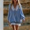 Bohemian Lace Trim Long Sleeve Bubble Mini Dress V Neck Loose Fit Casual