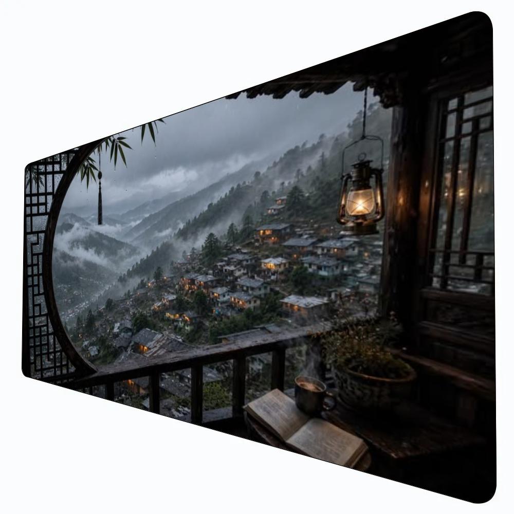 Oriental Misty Mountain Village Large Gaming Mouse Pad Chinese Rainy Landscape NonSlip Desk Mat For Esports Office Card Game