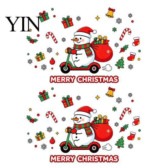 Winter Home Decor Cute Snowman Scooter Christmas Static Window Cling, Cartoon Merry Glass Reusable Holiday Ornaments Decal, Waterproof Sticker