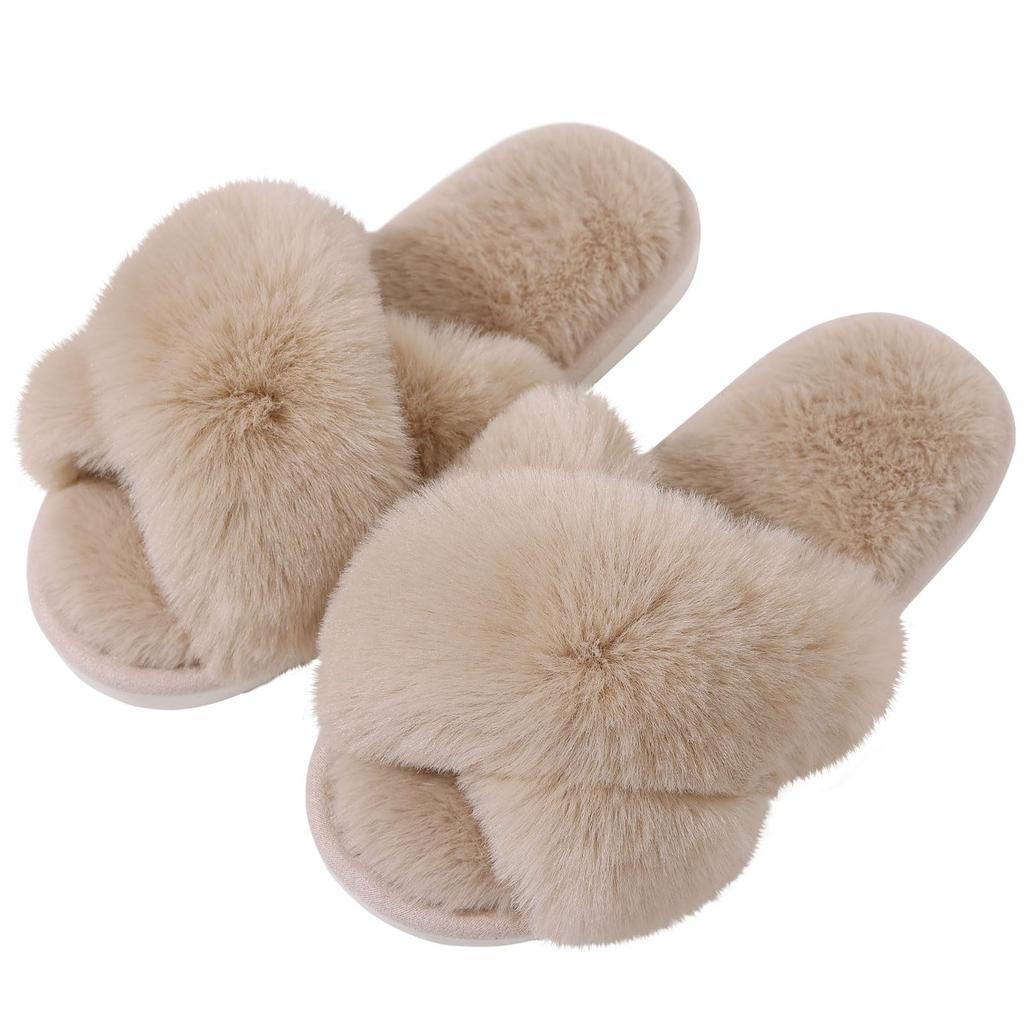 Comwarm Women's Cozy Fuzzy Slippers Open Toe Plush Cotton Flat Indoor Shoes Warm Comfortable Fluffy Slides for Home