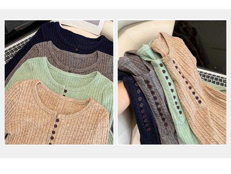 Женский базовый топ с воротником- Henley, косами, стройнящий - Осень/Зима, элегантный, облегающий, с длинным рукавом