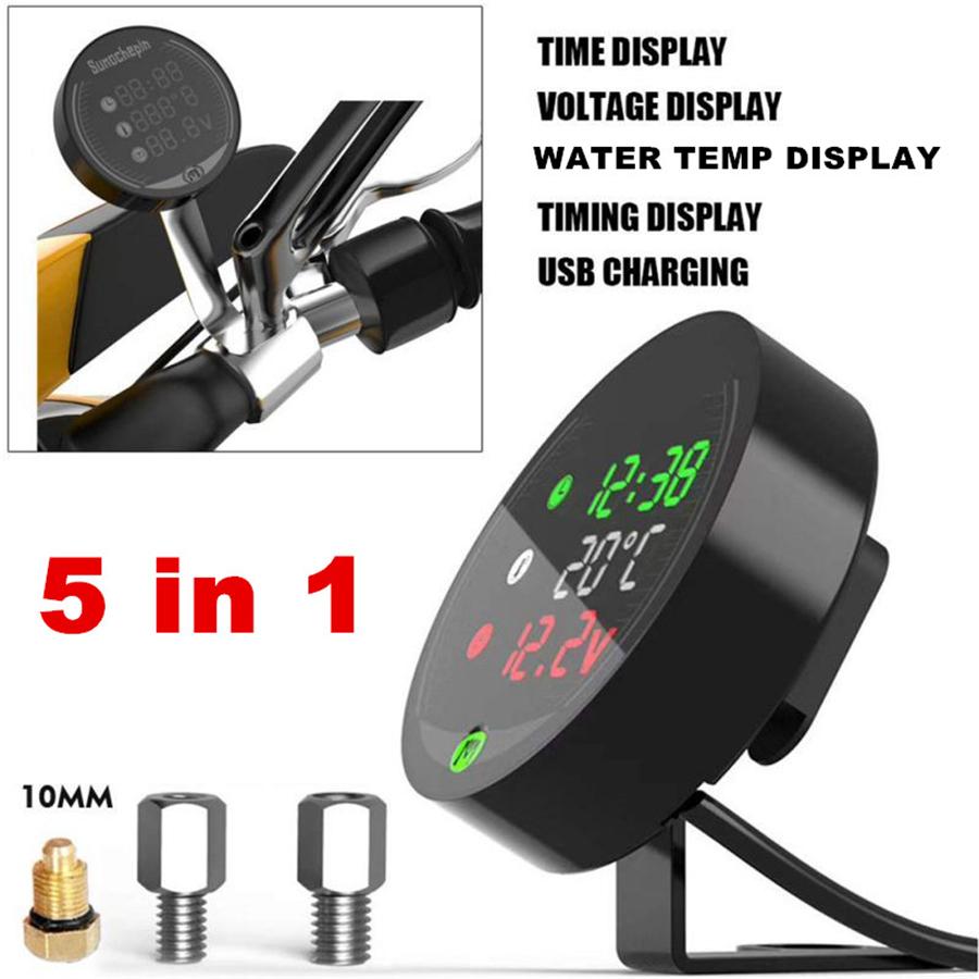 5in1 Motorcycle Volmeter Water Temperature Gauge LED Digital Display+22mm Sensor
