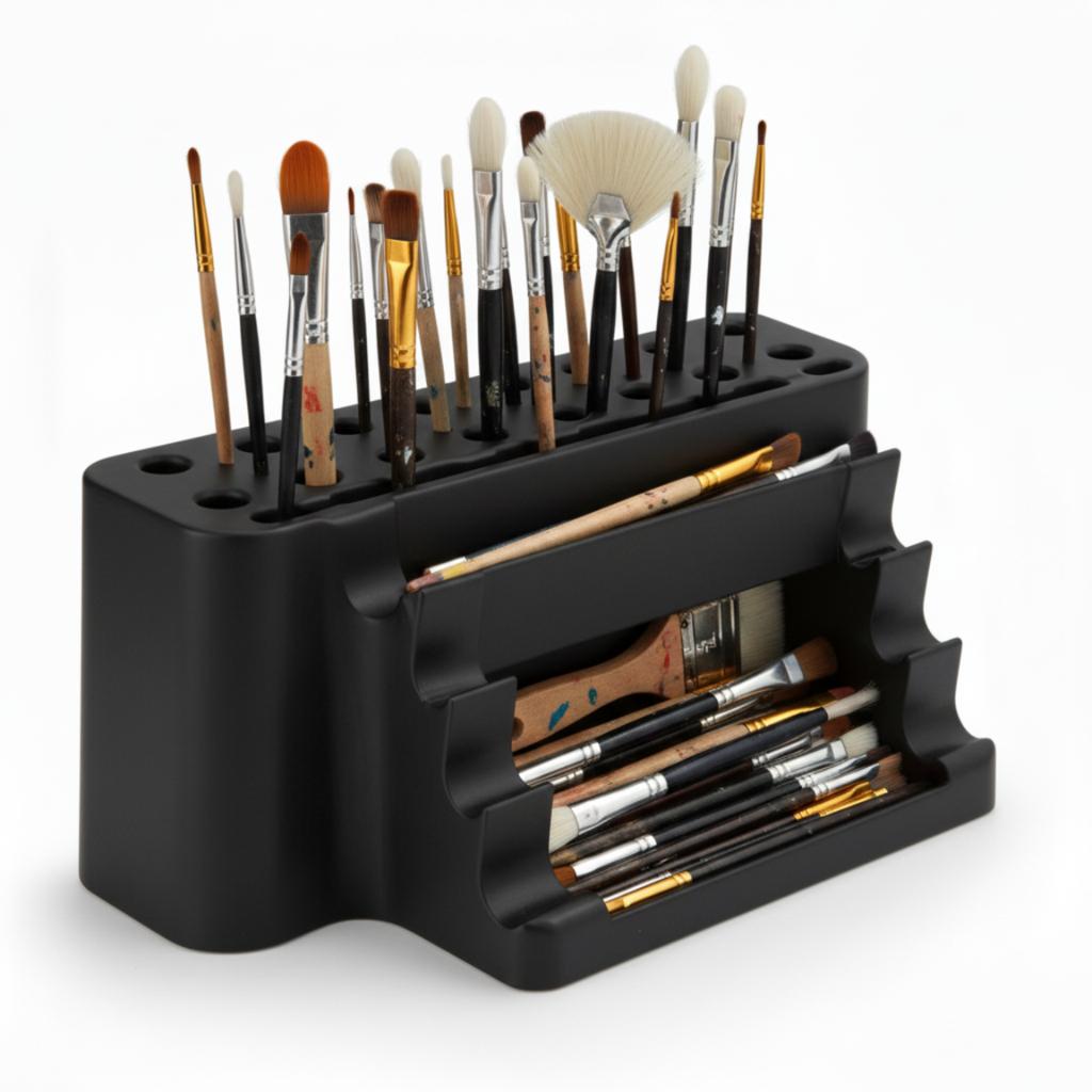 Paint brush organizer, black stand with tray, 26 places