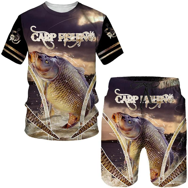 Summer Carp Fishing Pattern Men's T Shirt+Shorts 2PCS Outfits Casual Shorts Sets 3D Print Oversized Man Clothes O-Neck Tracksuit