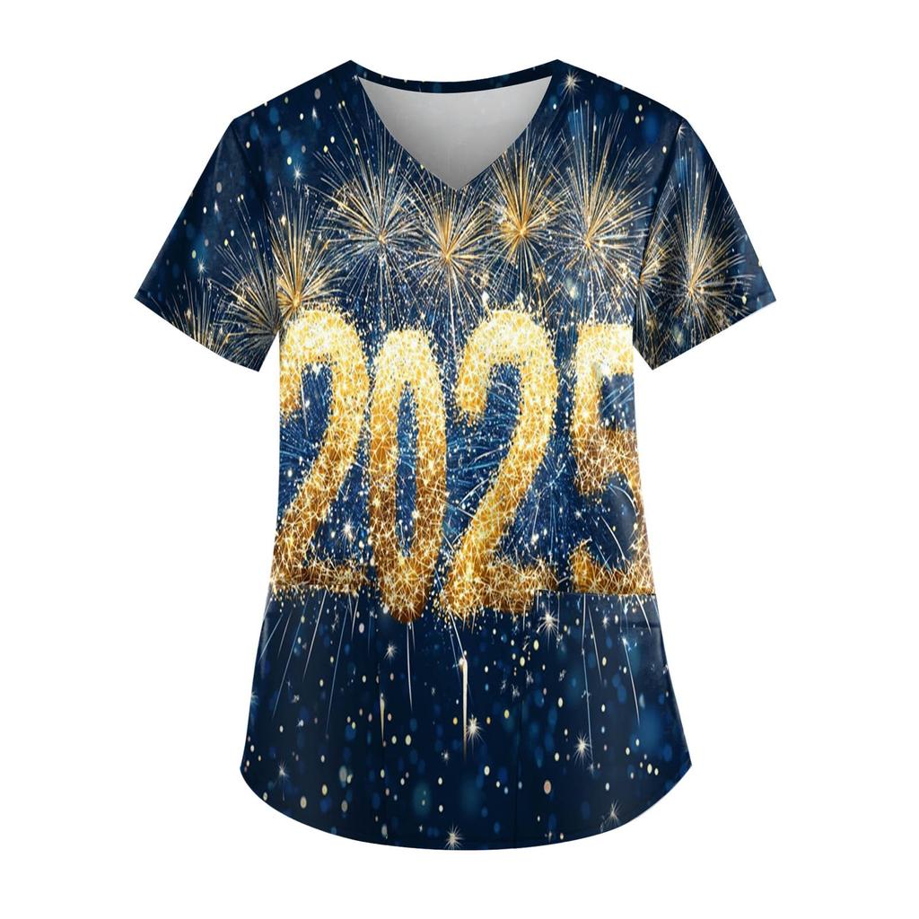 Women's Fashion New Year Printed Short Sleeve V-Neck Top Small Pocket Work T-Shirt