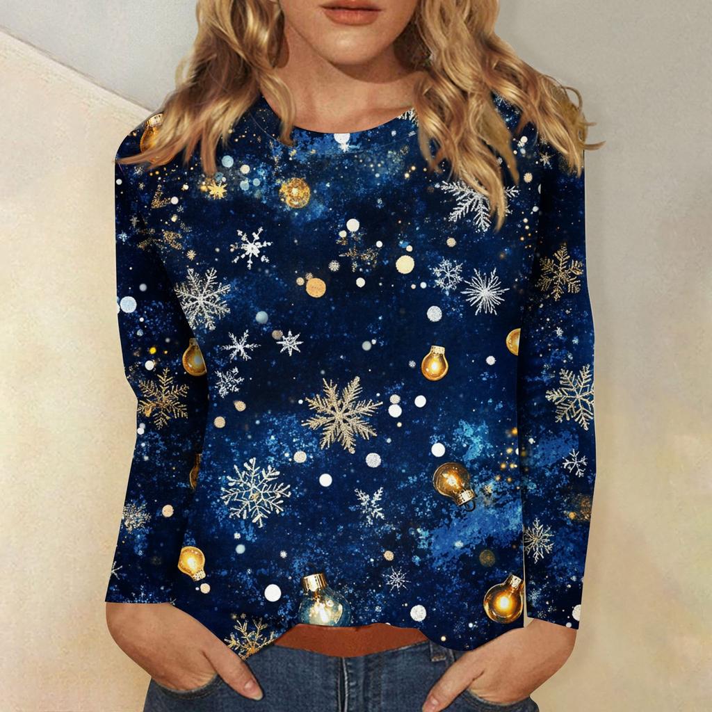 Рубашки с длинным рукавом для женщин Милые принты Футболки Блузки Повседневные Большие размеры Базовые топы Пуловеры Рождественские