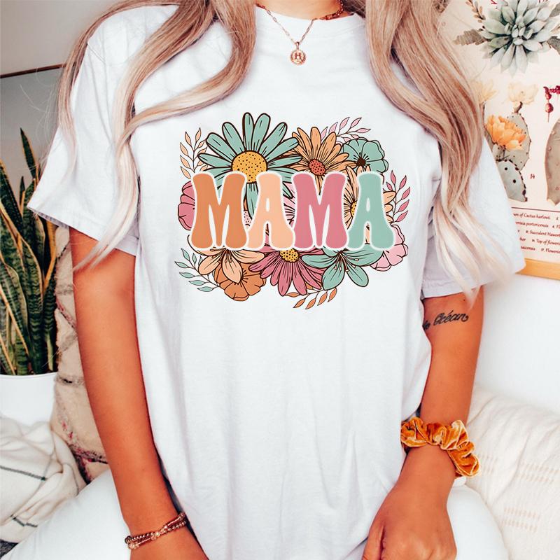 Ретро Цветочный MAMA Графические Футболки Женские Подарок на День Матери для Новой Мамы Милая Футболка Мамы Леопардовая Молния Футболка с Круглым Вырезом Мамы