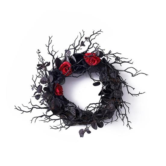 Halloween Wreath Dead Branch Garland Spooky Realistic Simulation Flower Black Decorative Wreath Door Hanging Festive Rattan Ring