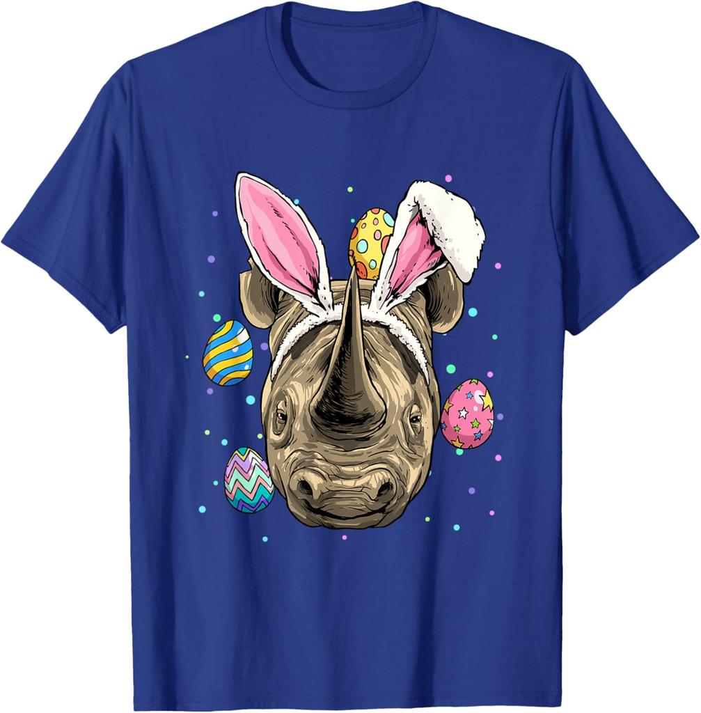 Забавная футболка с графическим принтом «Носорог с кроличьими ушами, охота за пасхальными яйцами», повседневная футболка с коротким рукавом для мужчин