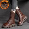 Warm Winter Boots Women Shoes Genuine Leather Plush Zip Round Toe Wedges Handmade Lace-up Platform Boots