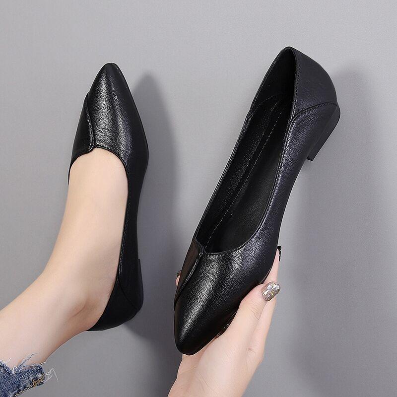 Single Shoe Women's Flat Bottomed Thick Heel Mid Heel Casual Shoes Versatile Work Leather Shoes