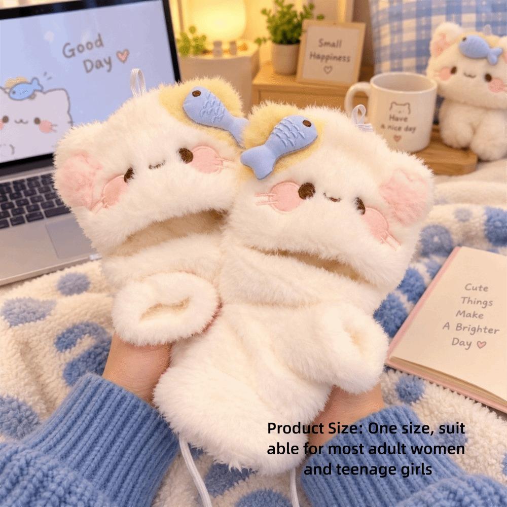 One Size Cartoon Cat Gloves Half Finger Winter Warm Touch Screen Gloves Soft Flip Top Gloves Girls