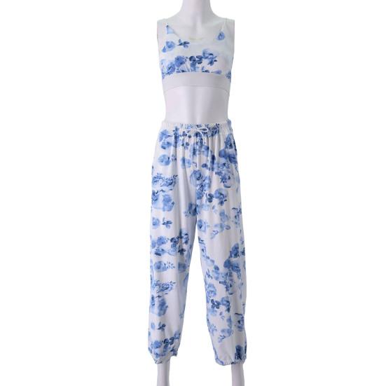 Женский костюм из двух предметов, брюки на талии, дышащая камзол, широкие брюки с цветочным принтом и v-образным вырезом на эластичной резинке и спагетти