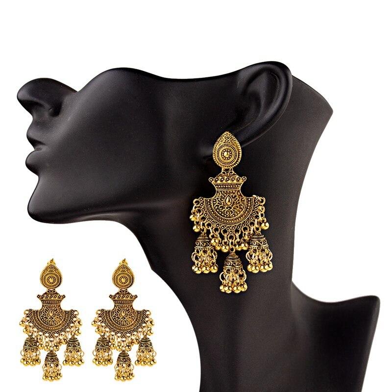 Новые этнические винтажные женские геометрические турецкие серьги Jhumka индийские украшения золотые серьги с кисточками в виде колокольчиков турецкие украшения