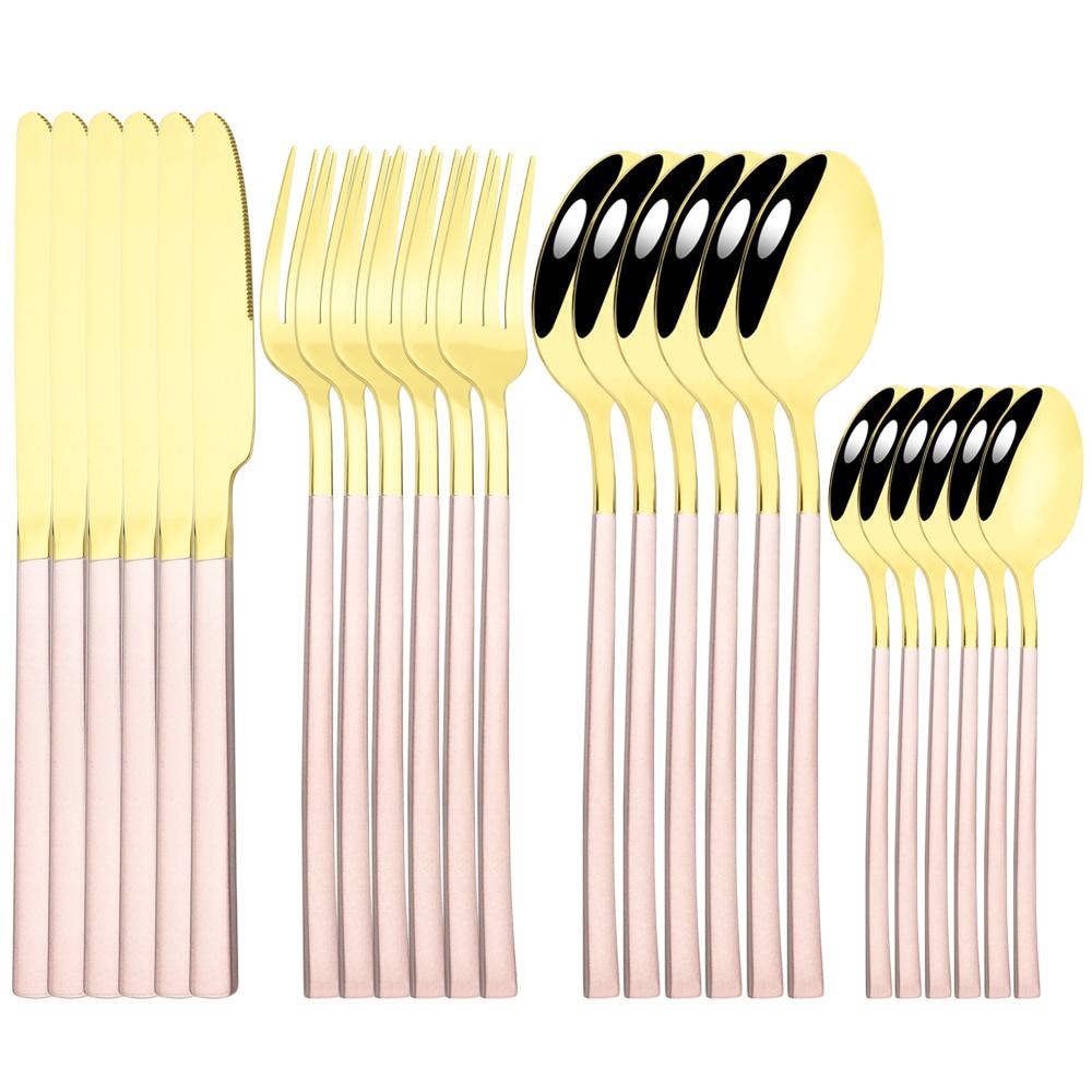 Золотая посуда, ложки, вилки, ножи, столовые приборы, 24 предмета, набор столовой посуды из нержавеющей стали, зеркальная полировка, кухонный набор столового серебра