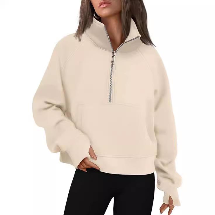 Stand Collar Casual Sweatshirts Half Zip Women Cropped Pullover Thumb Hole Oversized Hoodie Solid Color Plus Size Sports Outfit Plus Size