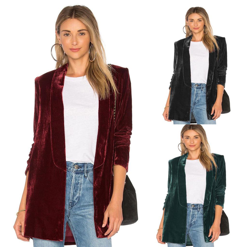 Velvet Blazers For Women Solid Open Front Lapel Cardigan Coat Long Sleeve Fall Winter Office Work Suit Jacket