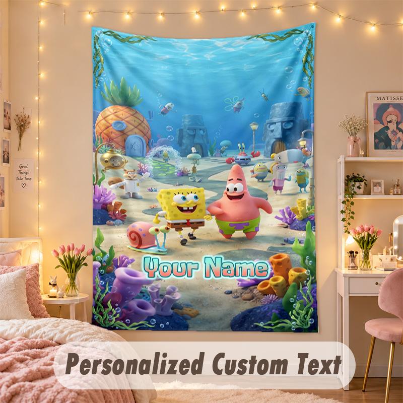 Custom Personalized Tapestry,SpongeBob Print Custom Name Text Wall Art Hanging for Bedroom