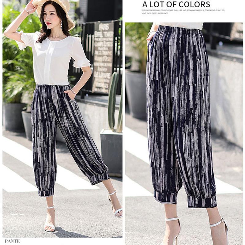 WTEMPO Укороченные брюки. Летние повседневные широкие брюки из хлопка и шелка с эластичной талией. Брюки-фонарики.