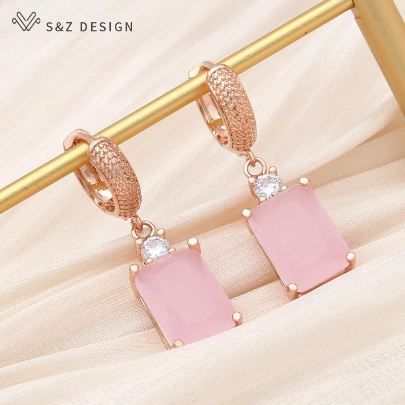 Fashion Pink Rectangle Cubic Zirconia Drop Earrings For Women Wedding Party Jewelry Classic Elegant Rose Gold Color Eardrop