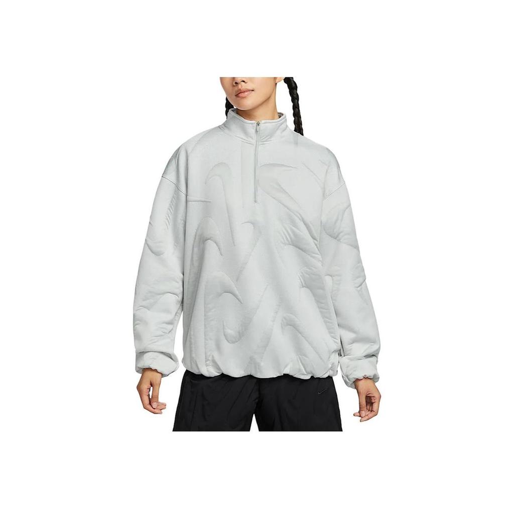 Nike Sportswear Collection Solid Color Half-Zip Stand Collar Pullover Long Sleeve Sweatshirt Women Sweatshirt Birch Light-Silver-Gray FV7807-051