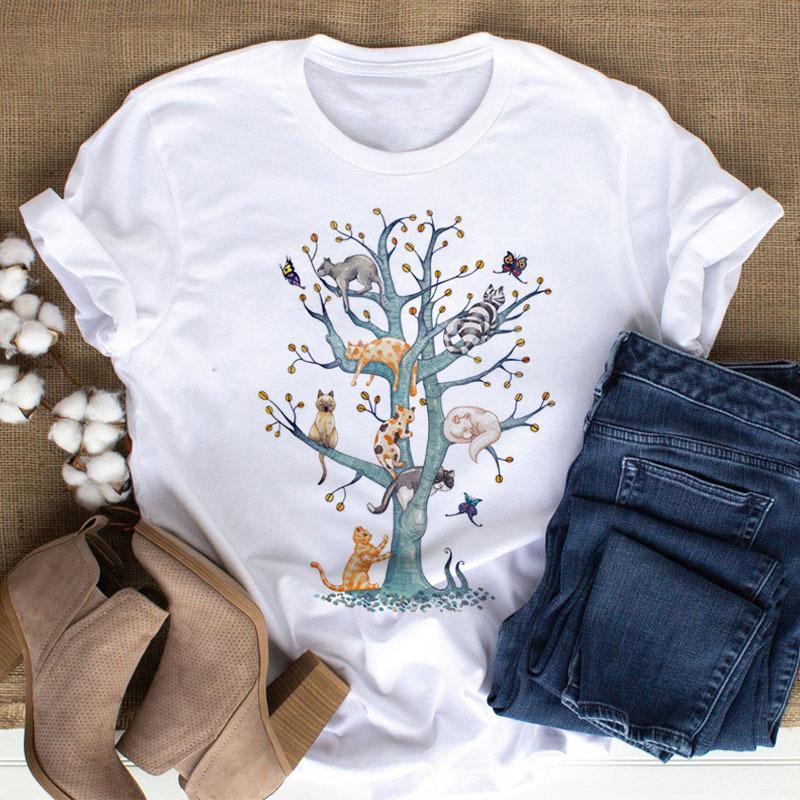 100% Polyester Women's Summer Casual Top with Cute Cat Dog Paw Print round Neck Short Sleeve T-shirt Fashion High Street Style gift
