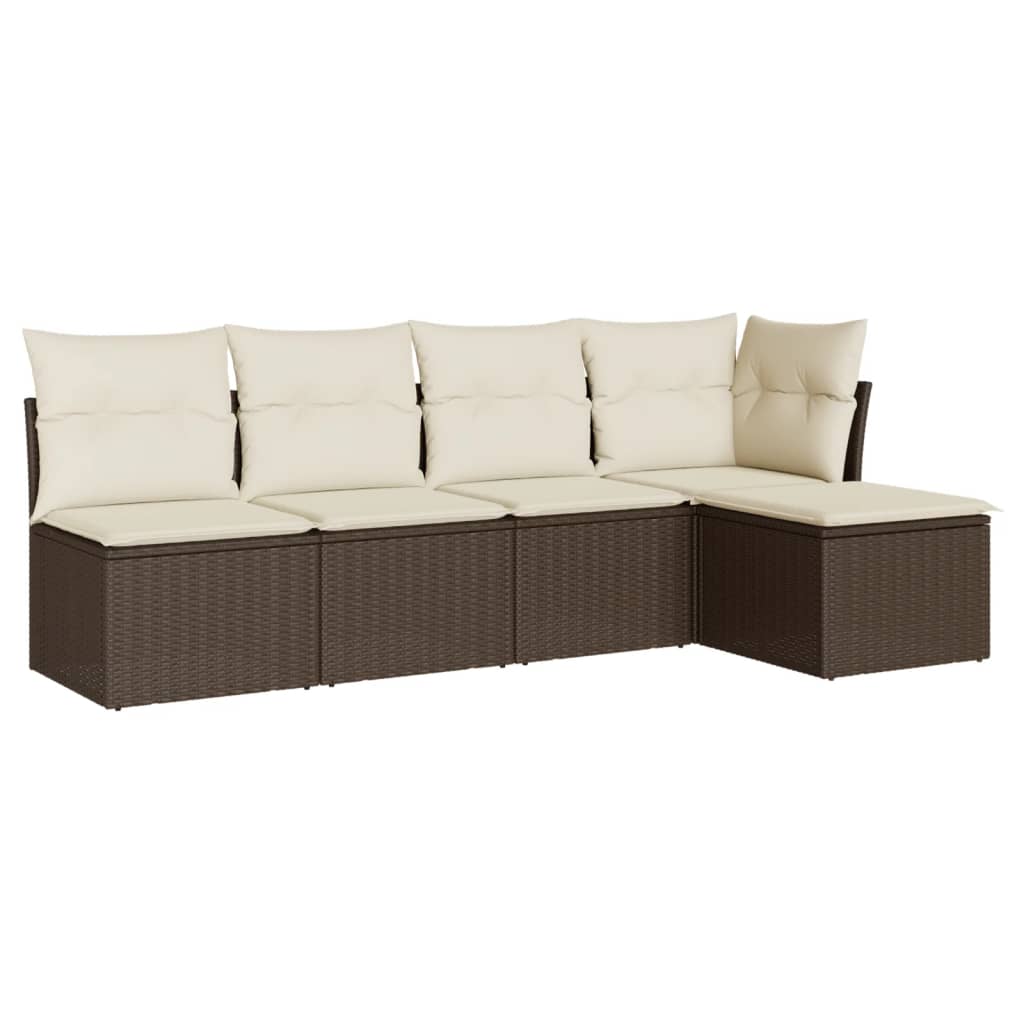 5 Piece Garden Sofa Set with Cushions Brown Poly Rattan