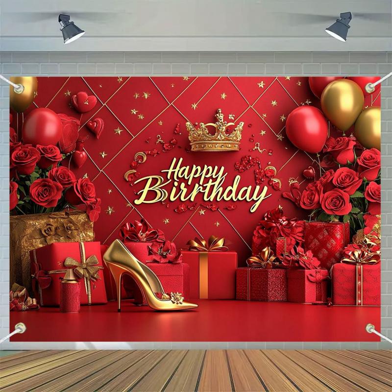 1pc, 2D flat, Queen and Red Rose Happy Birthday backdrop - suitable for birthday, anniversary, graduation celebrations, wsj