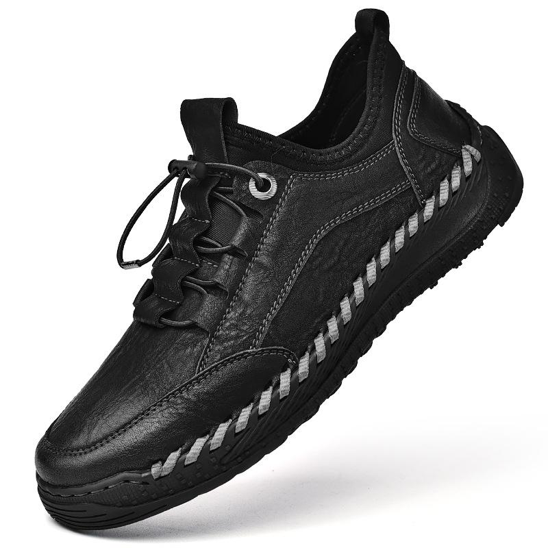 Мужские ленивые эластичные туфли из кожи с прострочкой - Стильные низкие слипоны, спортивные кроссовки для весны и осени.