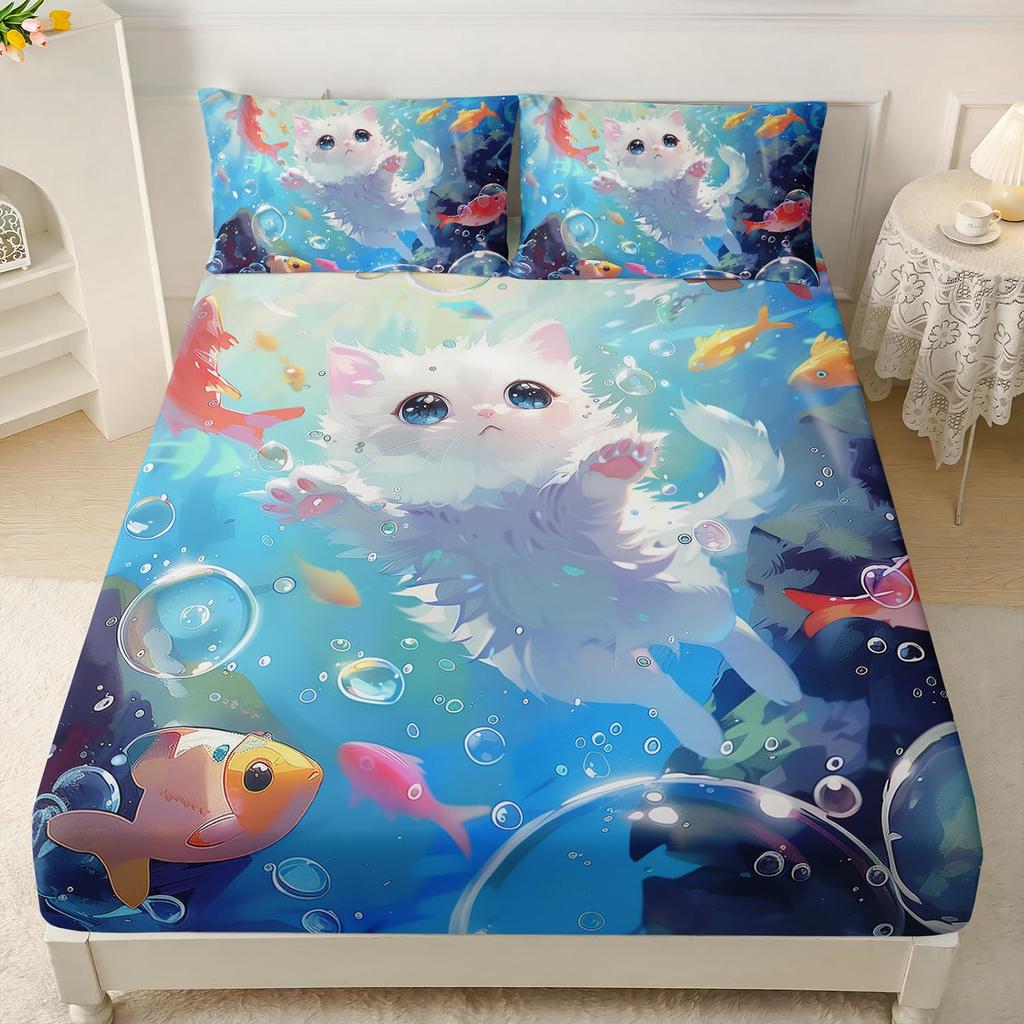 Милый кошачий узор Матрас Комплект из трех предметов Матрас с цифровой печатью Постельное белье Взрослые Дети