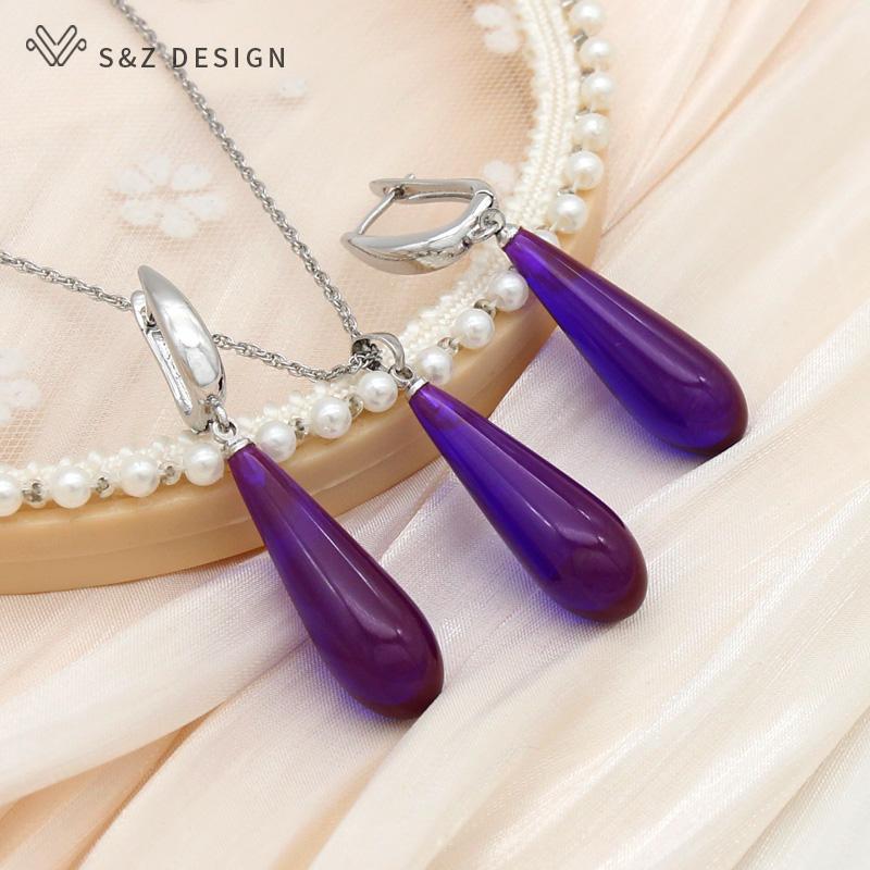 Модные Элегантные Цвета Розового Золота Красочные Капли Воды Висячие Серьги Наборы Ювелирных Изделий Для Женщин Кулон Ожерелье Девушка Свадьба Серьги