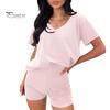 2 шт./комплект женский футболка шорты комплект костюм V-образный вырез короткий рукав однотонный свободный топ высокая талия мини шорты спортивный наряд повседневный спортивный костюм