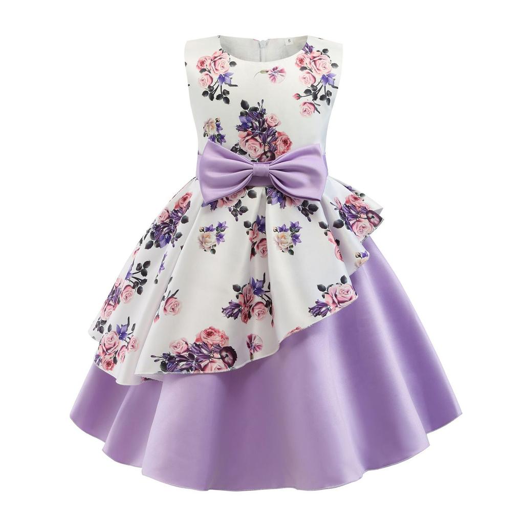 Children's Dress Princess Dress With Bow Flower Print Irregular Hem Dress