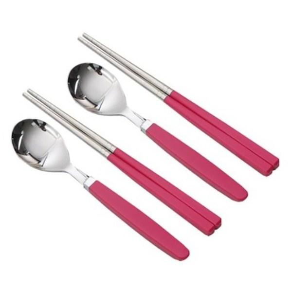 Raonnuri Pick Me Color Children's Cutlery Set 2p Spoons + 2p Chopsticks, Basic Hot Pink (HP), 1 Set
