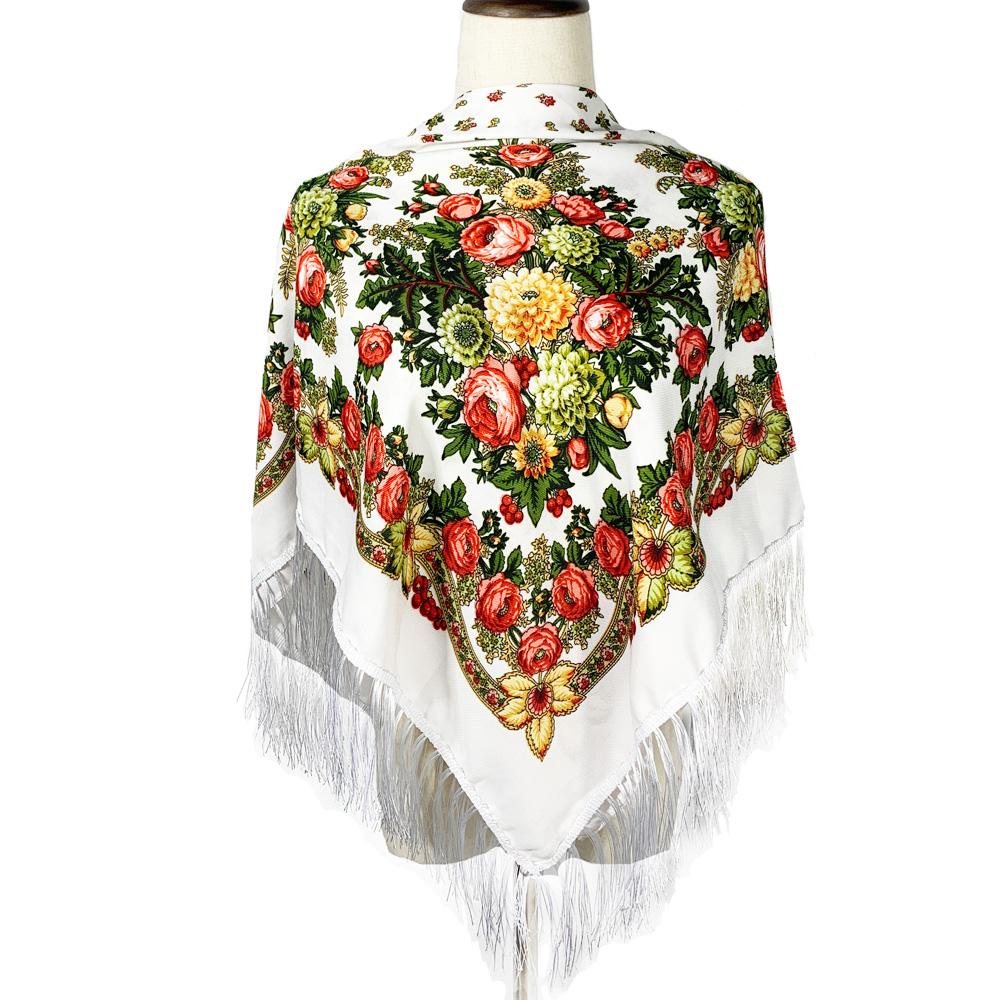 Women Retro Ukrainian Fringed Shawl Babushka Bandana Handkerchief Female Head Wraps Russian Floral Print Square Scarf