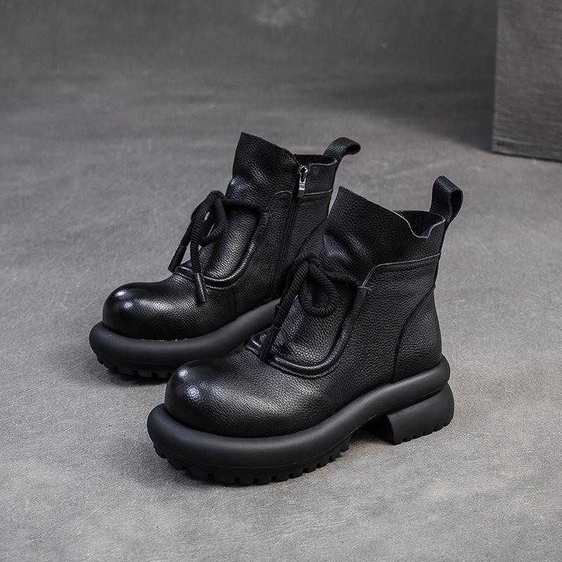 GKTINOO 2024 Зима Новые Универсальные Женские Ботинки Ретро Натуральная Кожа Круглый Носок Толстая Подошва Короткие Сапоги