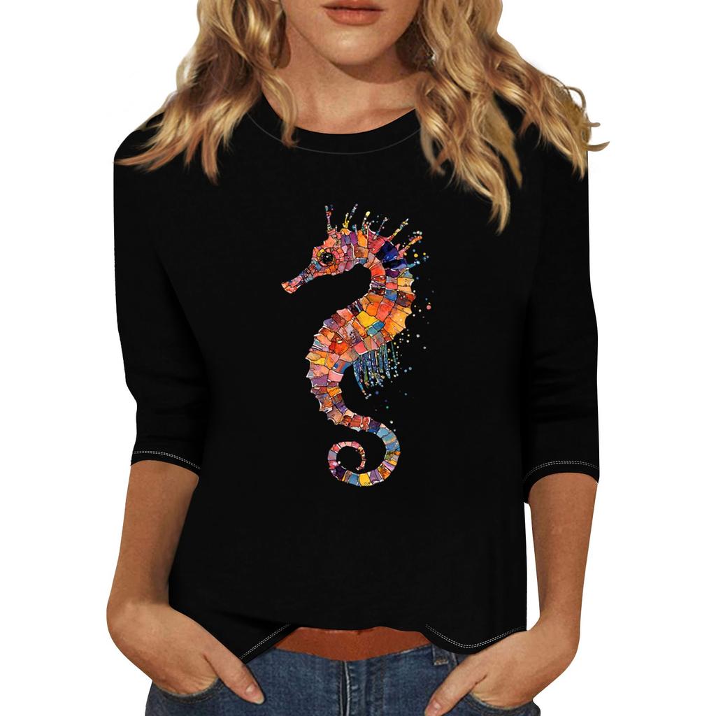 Женская мода повседневная три четверти рукава гиппокамп печать круглый вырез пуловер топ