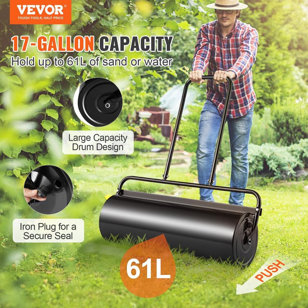 Lawn Roller, 17 Gallon Sand/Water Filled Yard Roller, Steel Sod Roller with Easy-turn Plug and U-Shaped Ergonomic Handle for Convenient Push and Pull,