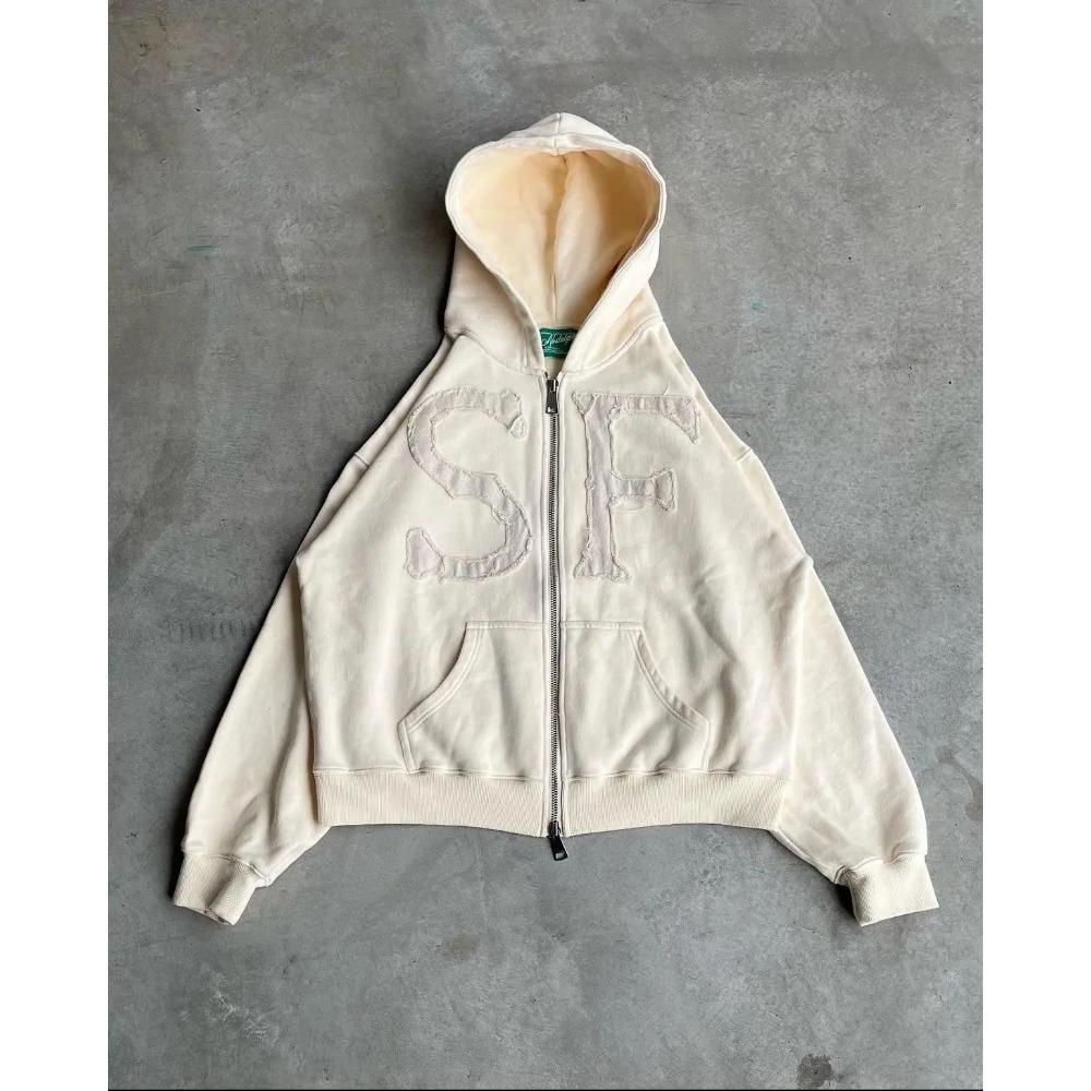 ZYLLO Y2k Harajuku Retro Trendy Brand Letter Embroidery Oversized Swetshirt Women High Street Fashion Loose Zipper Hoodie