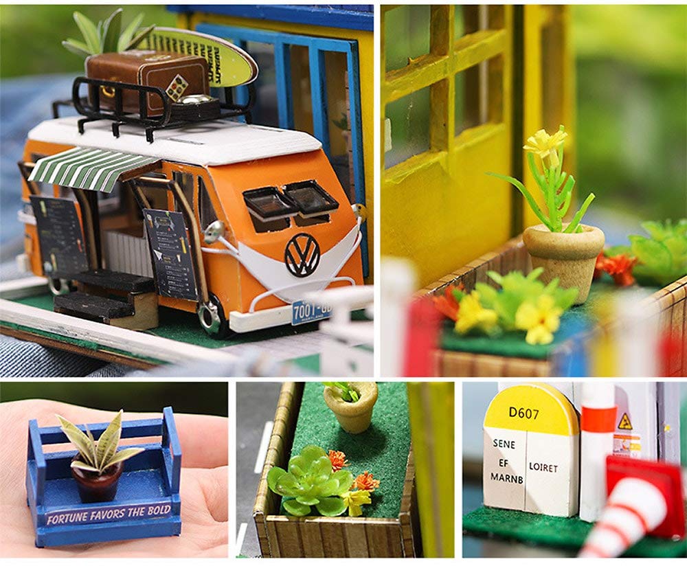 Moin moin Кукольный домик Миниатюрный набор для ручной работы Набор для дня летнего солнцестояния Французское кафе Франция Ретро Синий x Желтый Мобильный Торговый Автомобиль Кухня Машина Средний Размер Светодиод