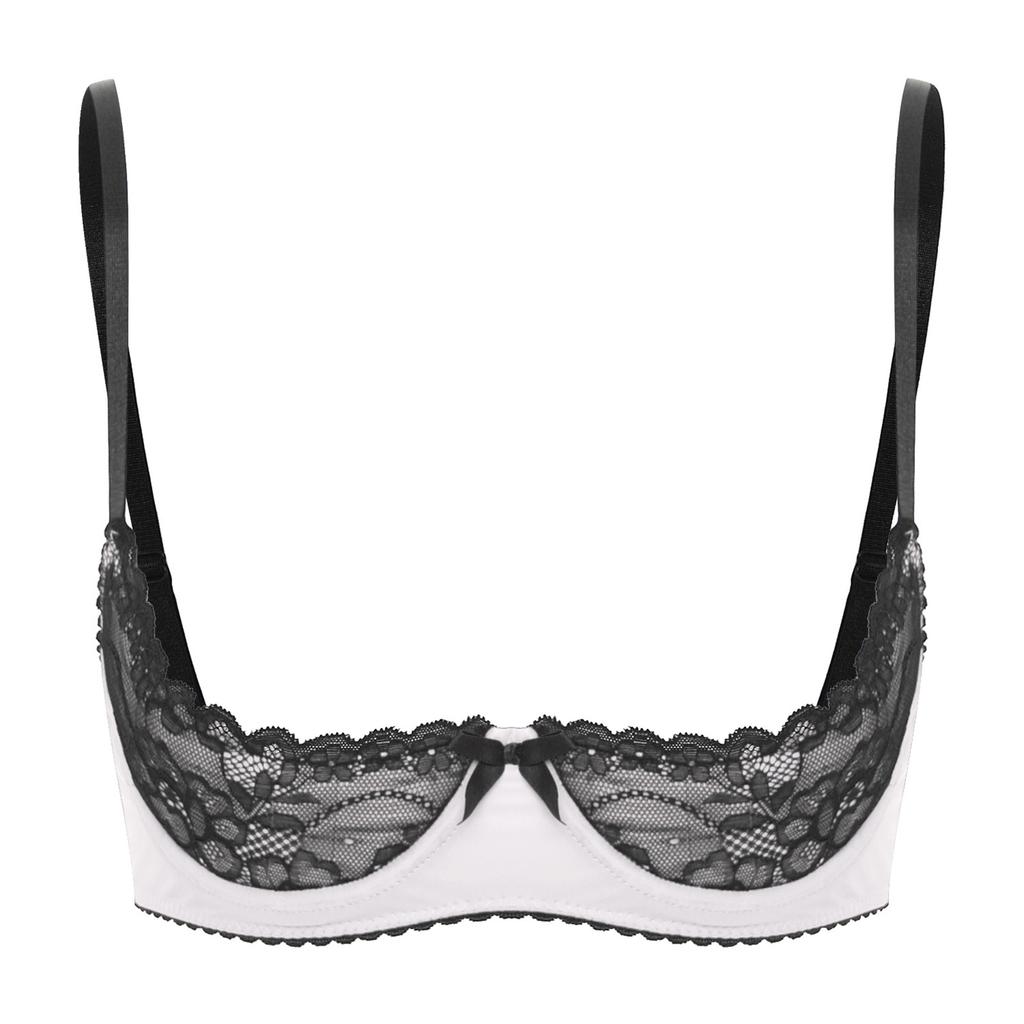 Women See Through Lace 1/2 Cups Balconette Bralette Padded Underwire Shelf Bra Tops
